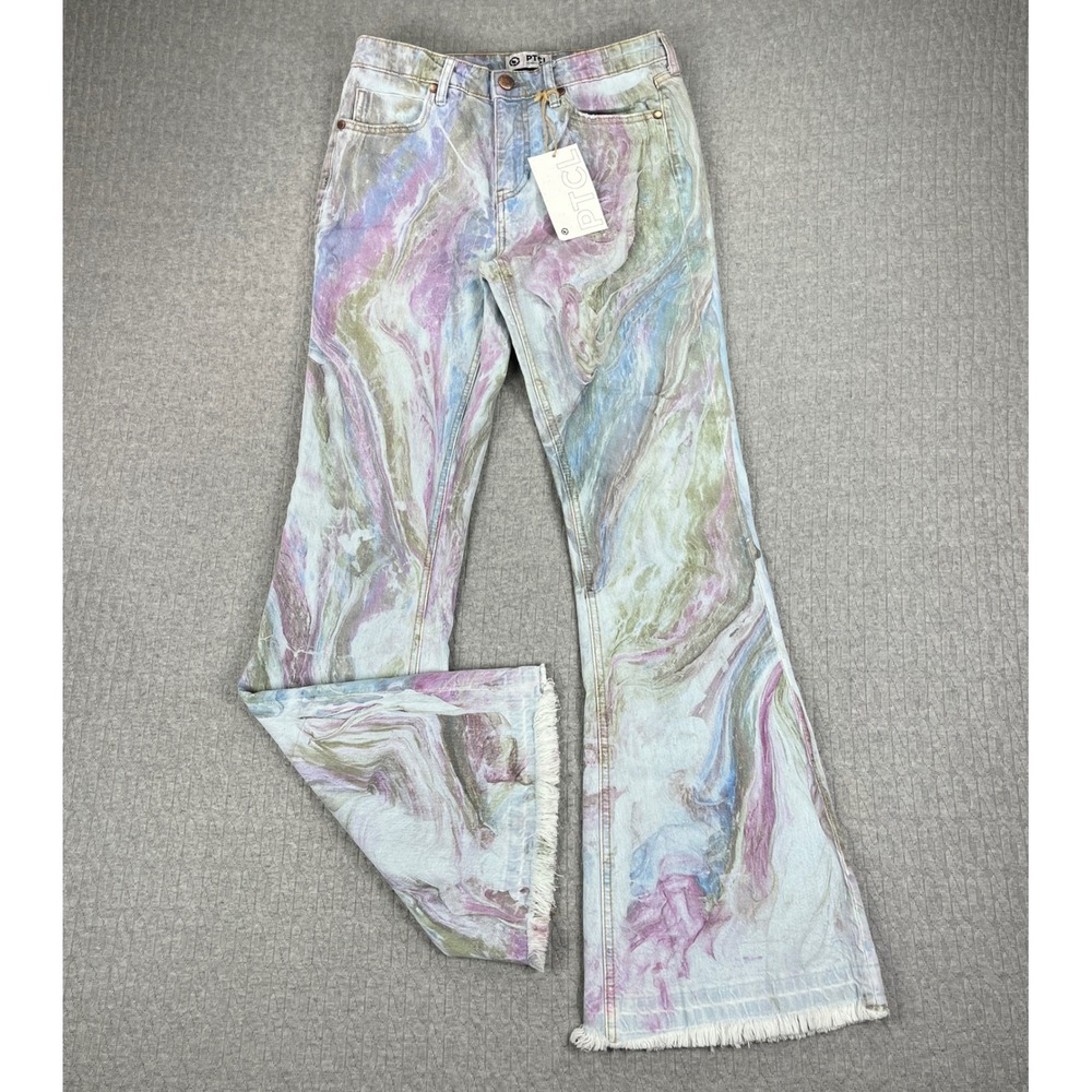 New PTCL Bootcut Jeans Women 26/27X31 Multicolor Marble psychedelic Raw Hem